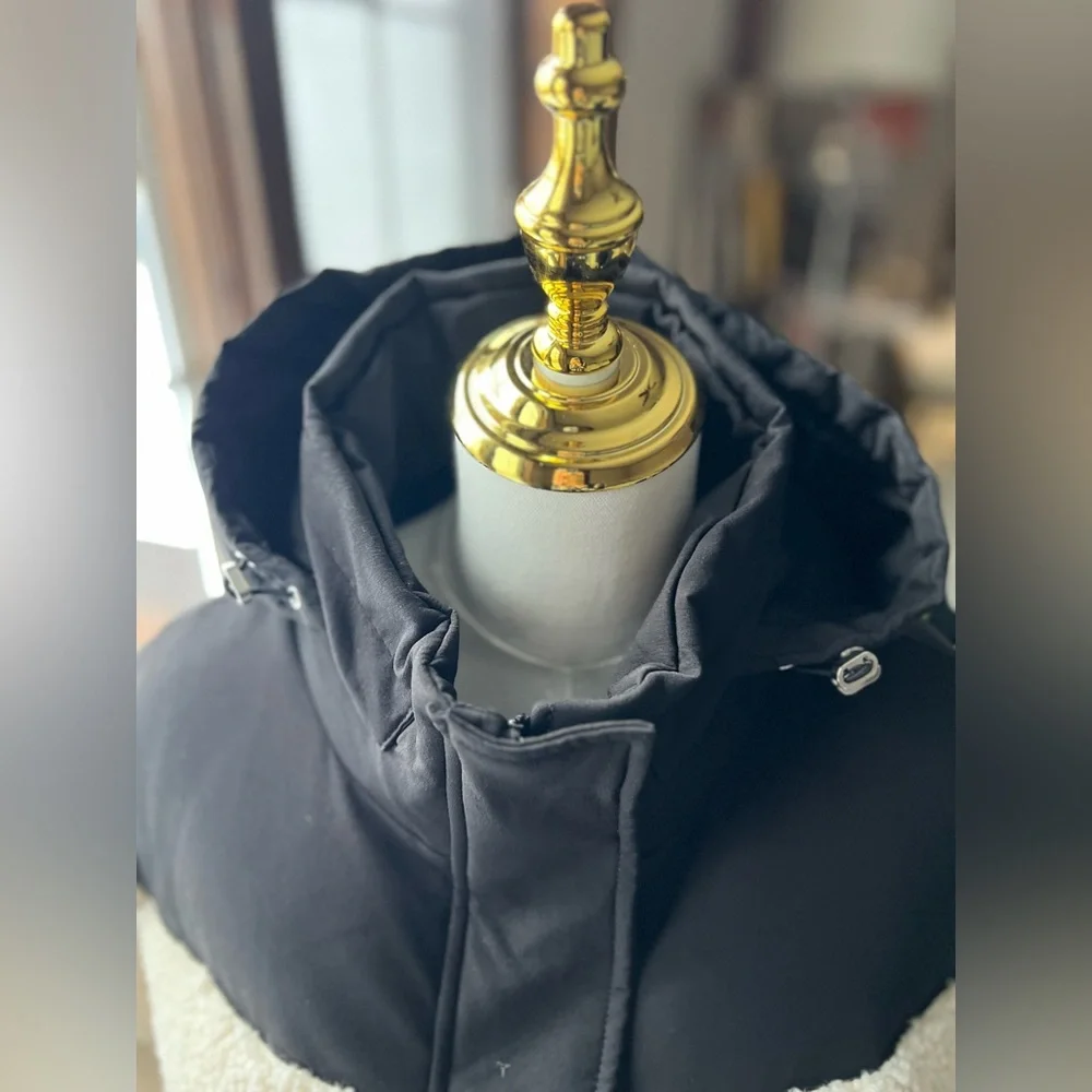 Maje Black Cream High Pile Fleece Faux Shearling Hoodie Puffer Jacket Sz 0 (XS) - Picture 7 of 16